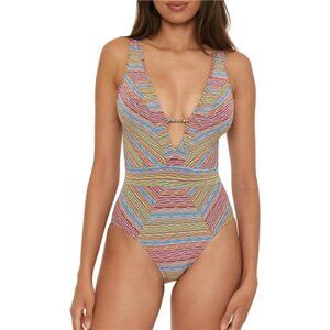 BECCA Women's Free Spirit One Piece Swimsuit, Plunge Neck, Bathing Suits SMALL